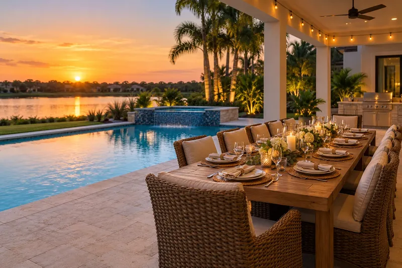 Illustration: Long outdoor table set for a big family meal beside a pool at sunset
