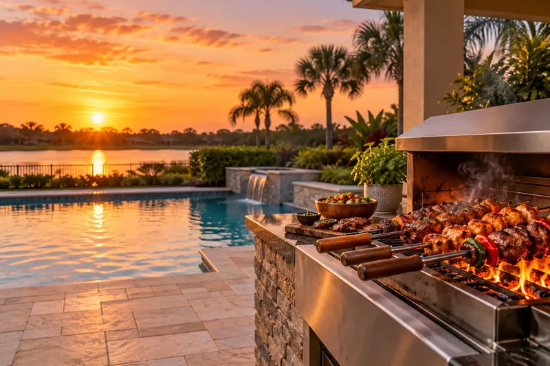 Illustration: Backyard grill with skewers cooking beside a pool at sunset