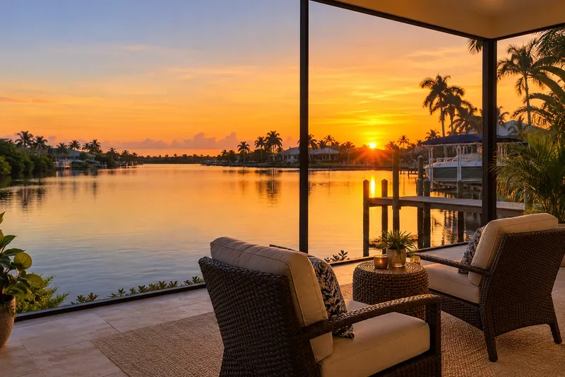 Illustration: Screened lanai facing a canal and dock at sunset on the Gulf coast