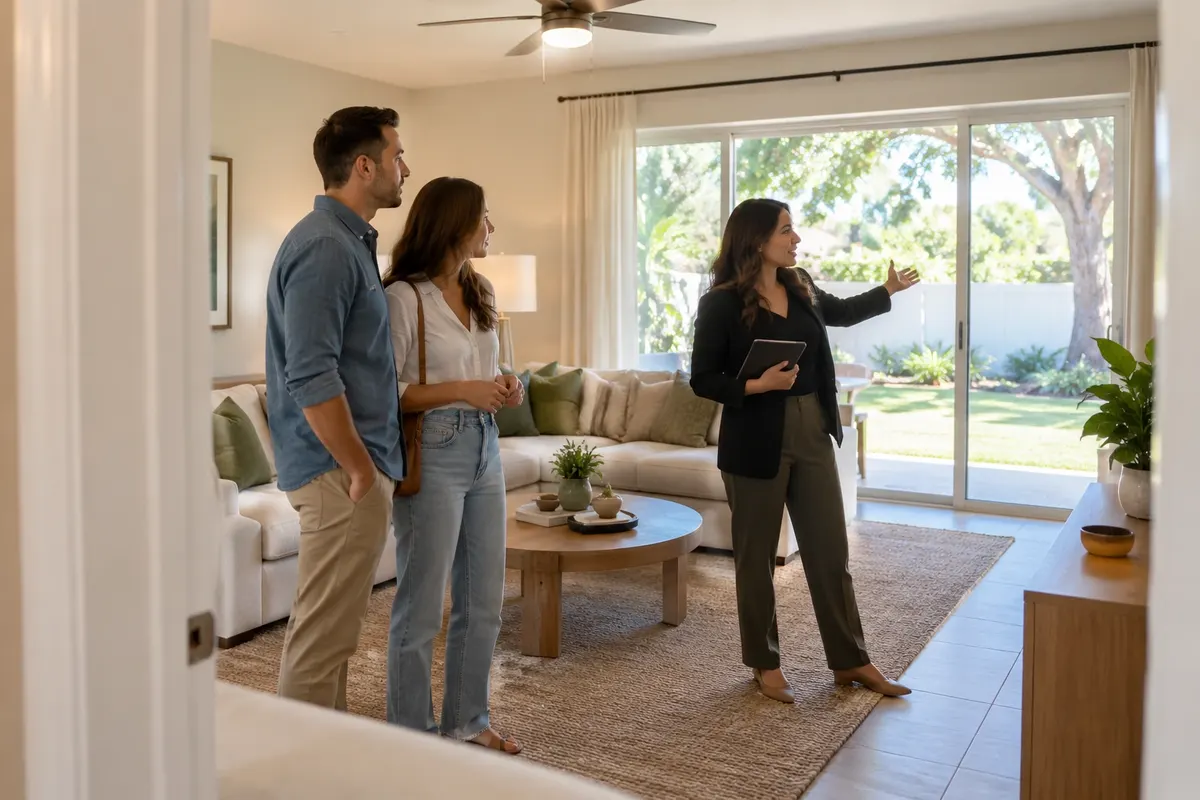 Illustration: Agent showing a bright living room to buyers