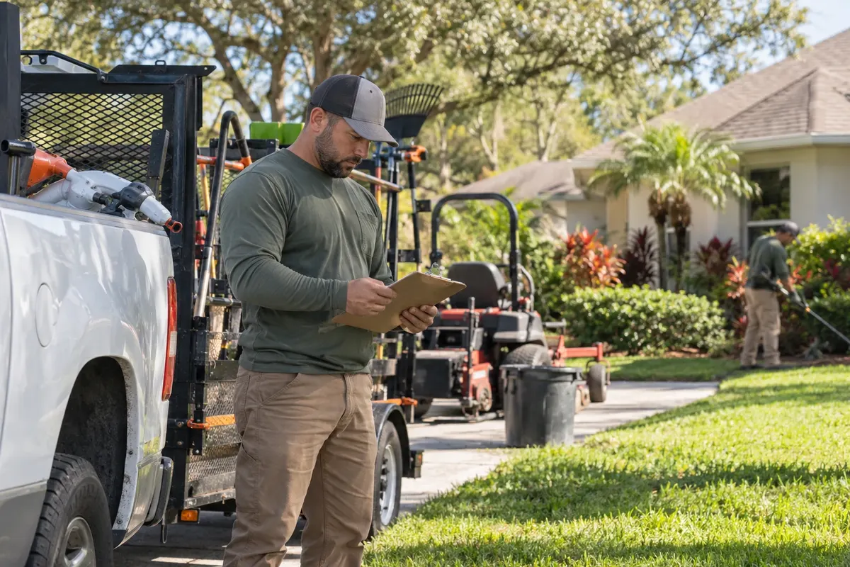 Illustration: Landscaper with a tablet beside his work truck and mowers