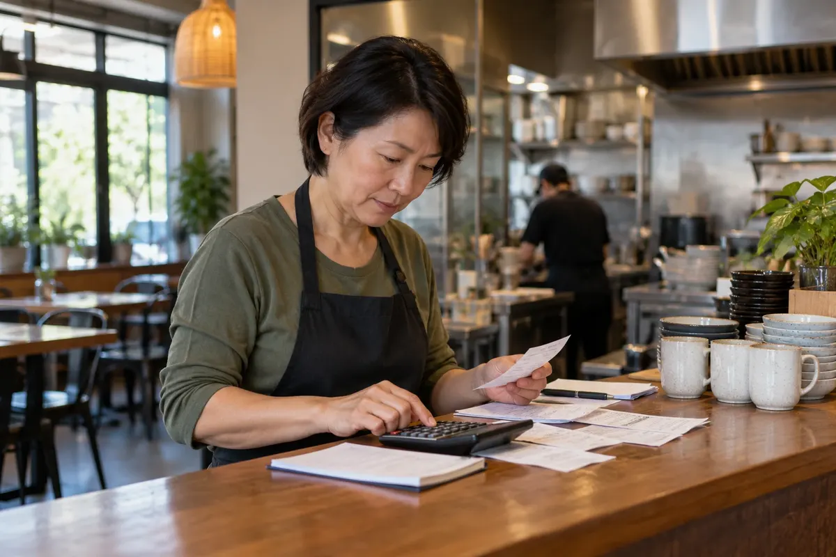 Illustration: Restaurant owner at the counter with receipts and a calculator