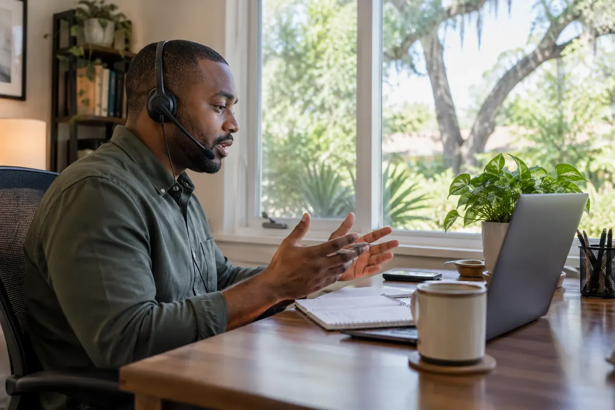 Illustration: Consultant on a call at a home office desk