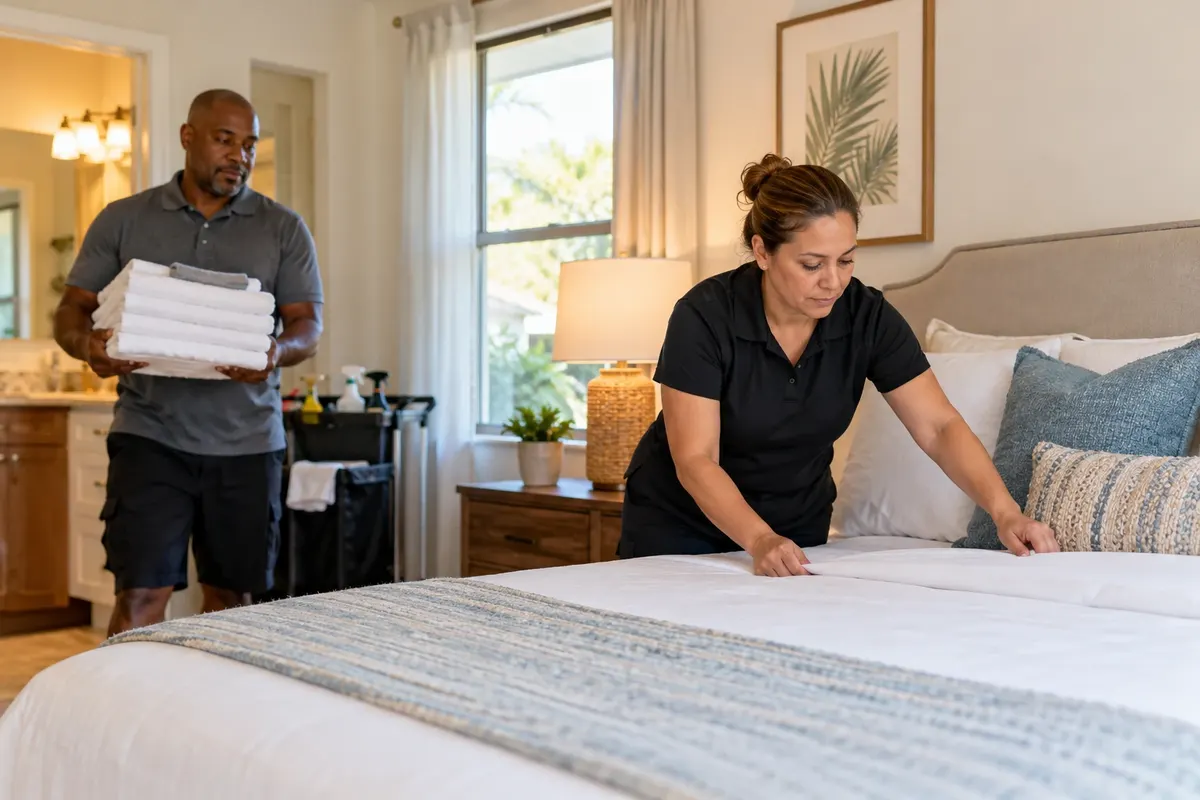 Illustration: Two people preparing a bedroom during a cleaning turnover
