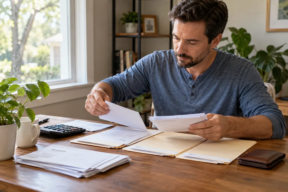 Illustration: Man sorting papers and folders at a table