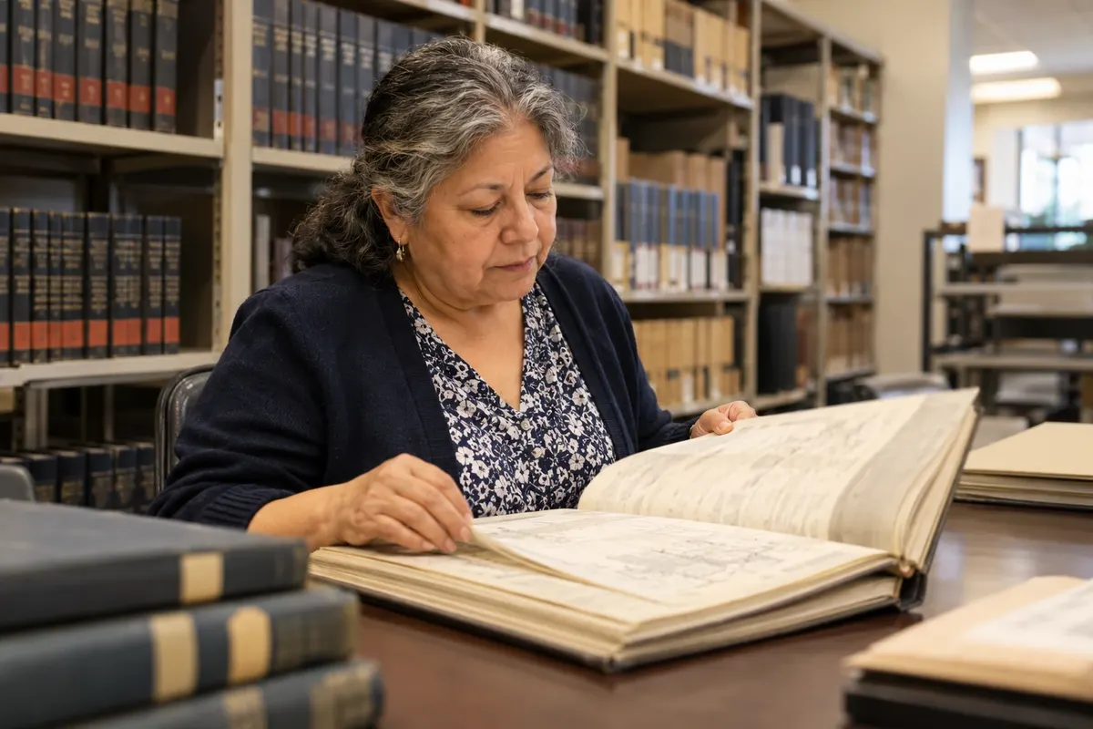 Illustration: Woman reviewing records in a library
