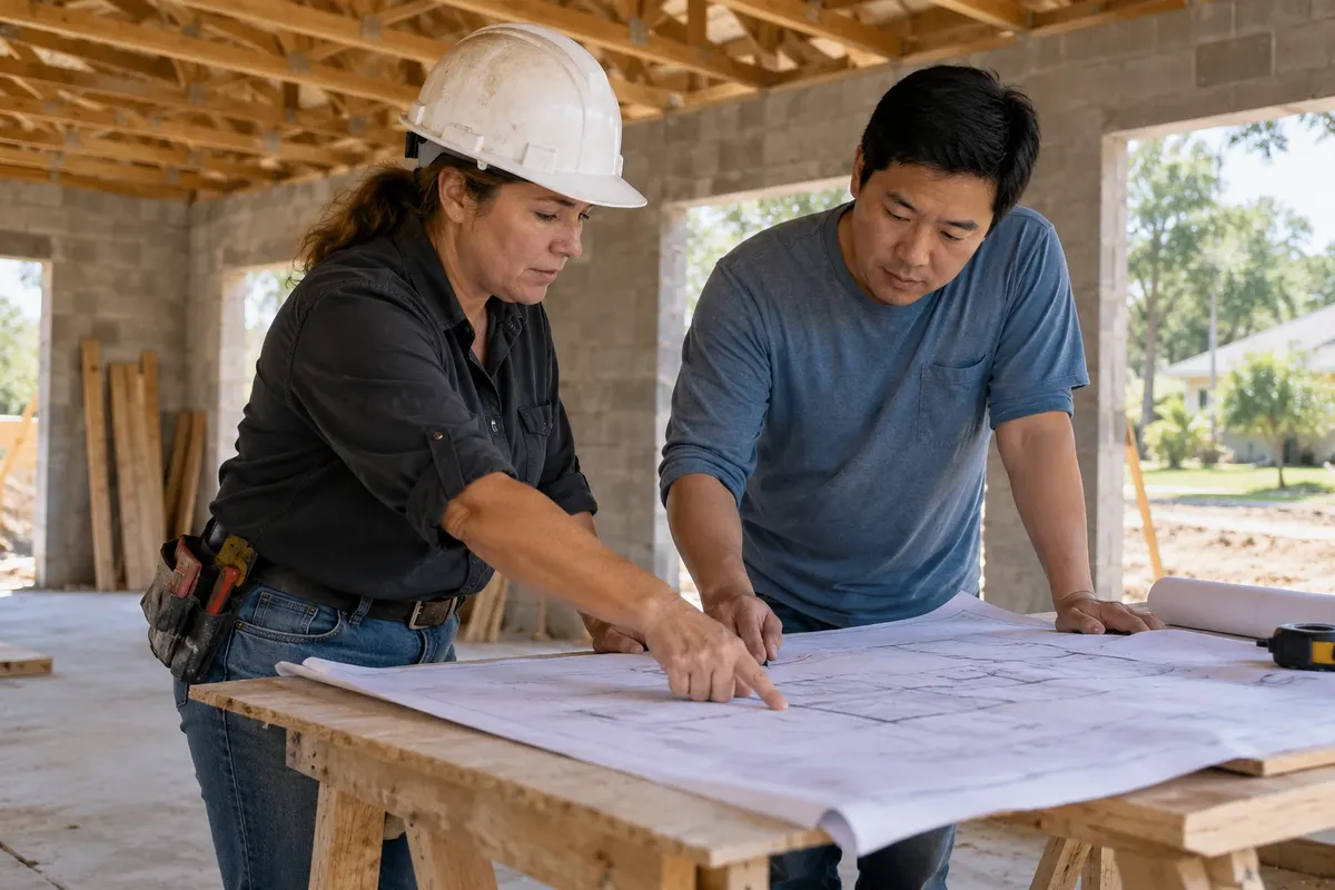 Illustration: Contractor and owner reviewing plans on a job site