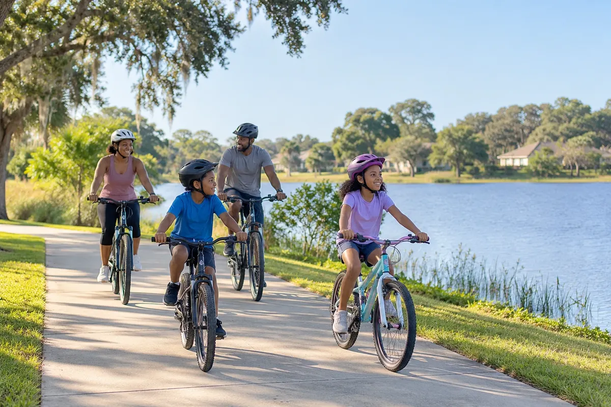 Illustration: Family cycling on a lakeside path