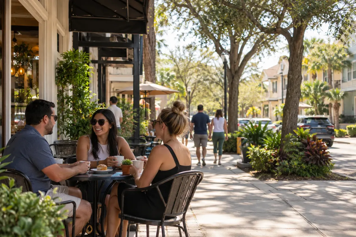 Illustration: Friends at an outdoor cafe on a Florida street