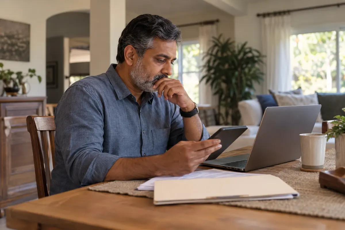 Illustration: Professional reviewing numbers on a tablet and laptop at home