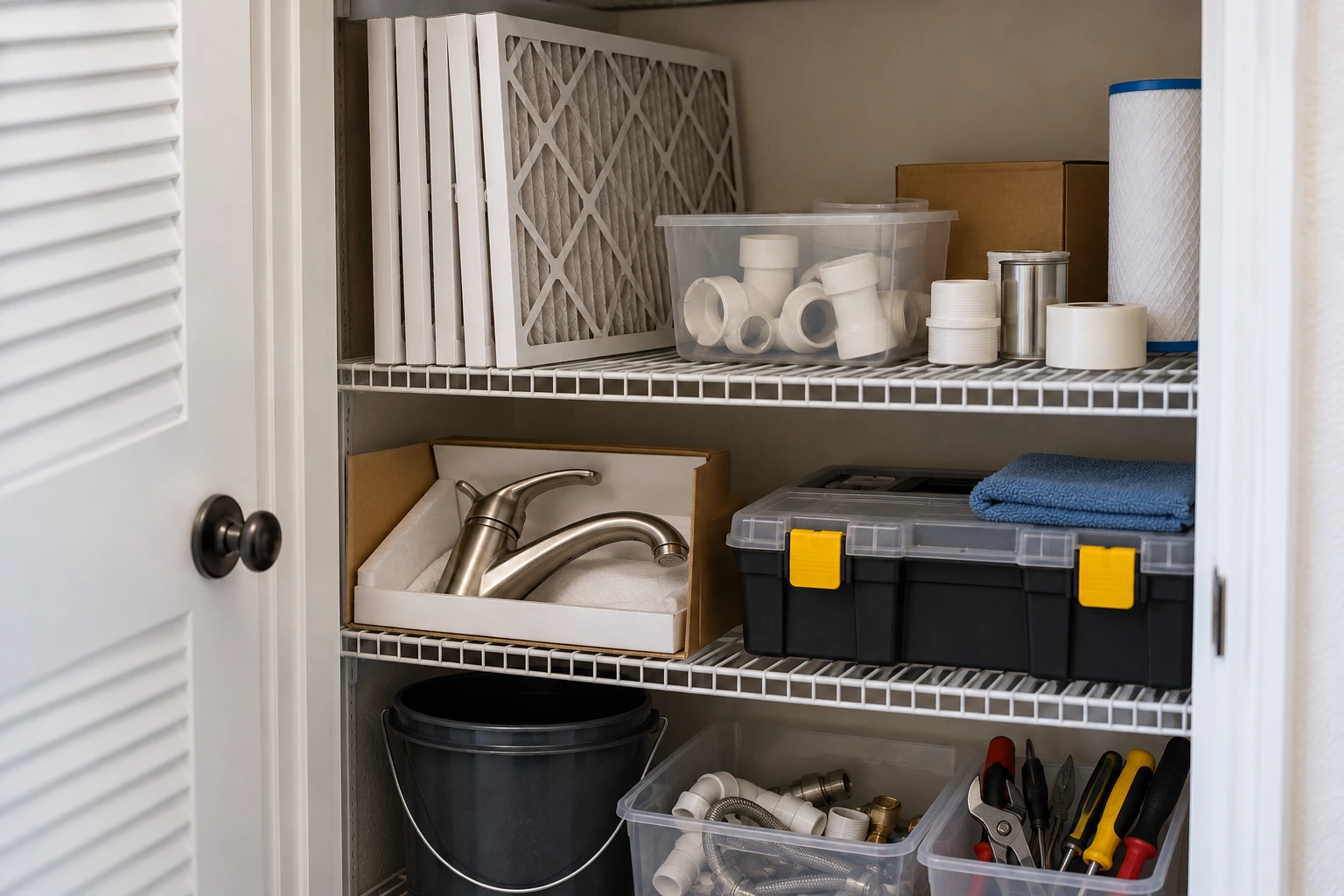 Illustration: Shelves of tools and parts in a closet