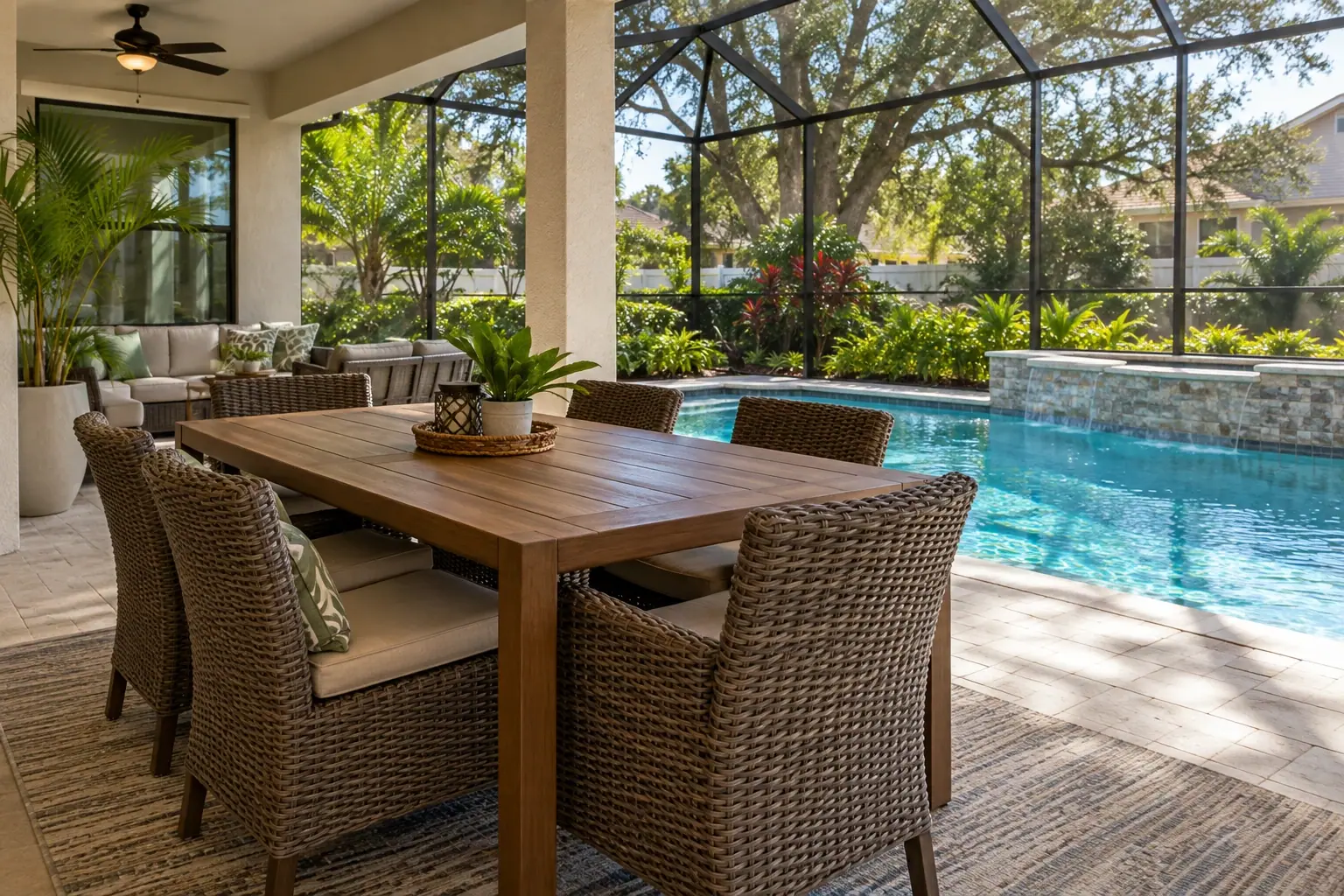 Illustration: Outdoor dining table set beside a pool