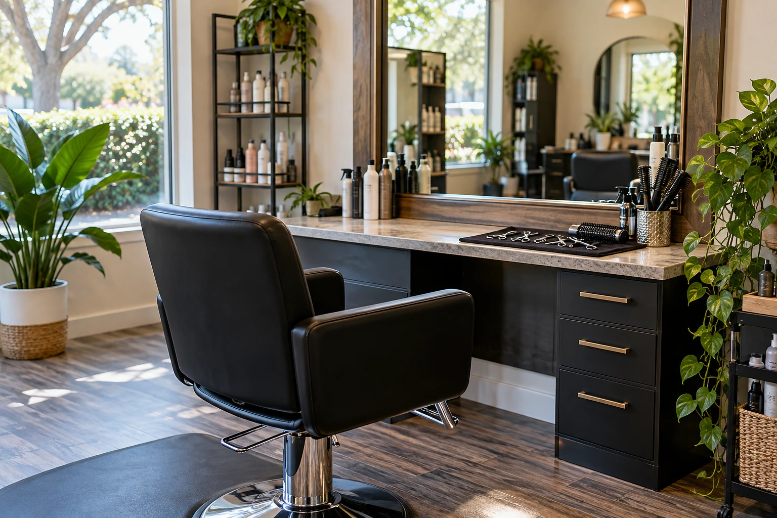 Illustration: Salon chair and mirror in a bright studio