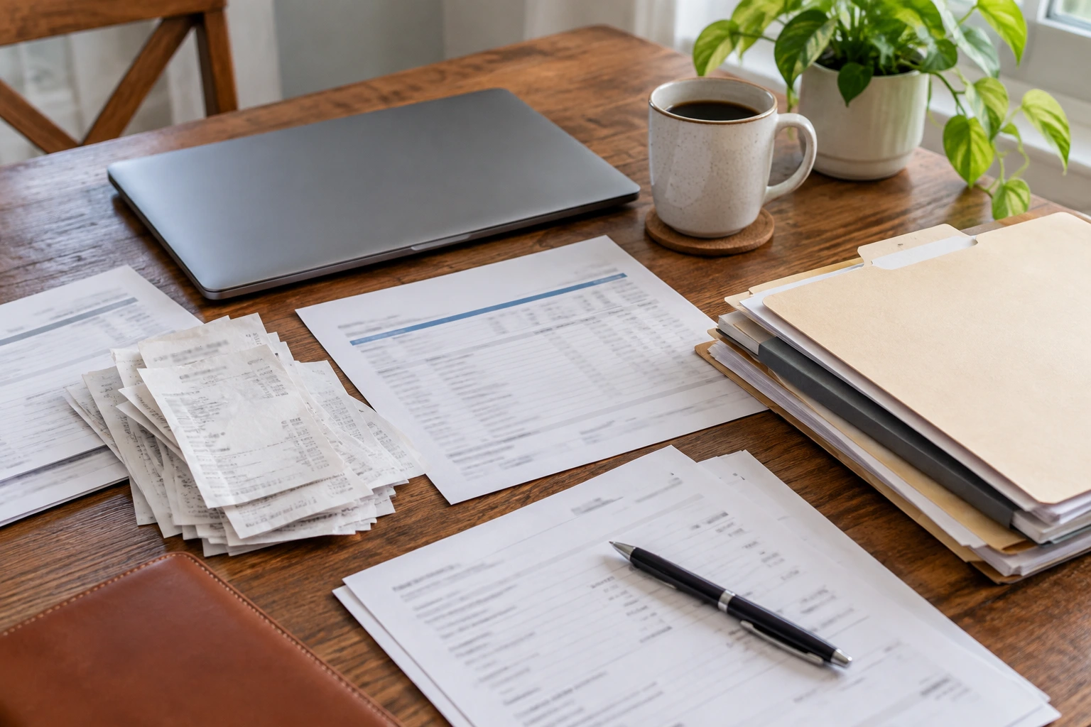 Illustration: Desk with bank statements, receipts and a laptop