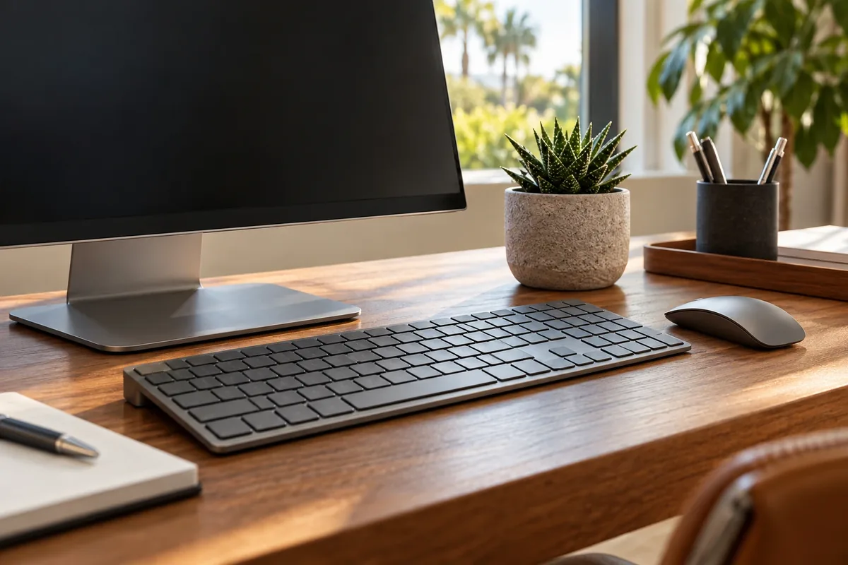Illustration: Computer and keyboard on a home office desk