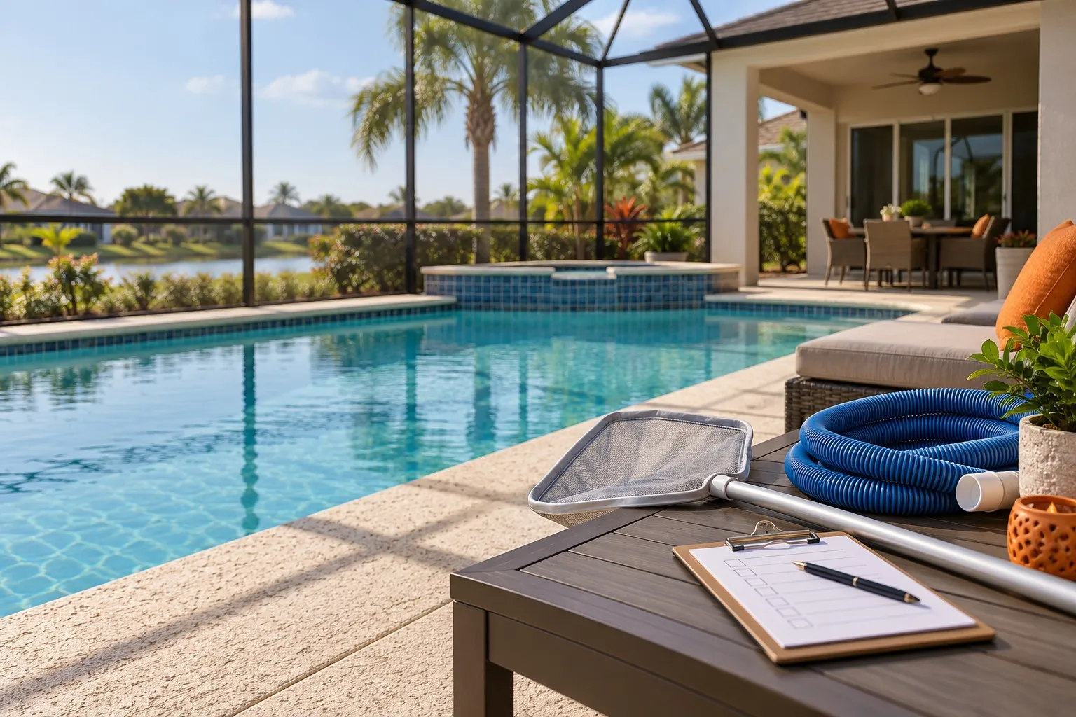 Illustration: Pool cleaning tools and a clipboard beside a pool